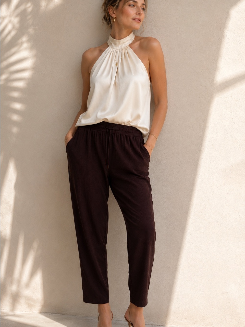 Eileen Fisher Silk Georgette Crepe Tapered Ankle Pants Cassis Brown M Lagenlook